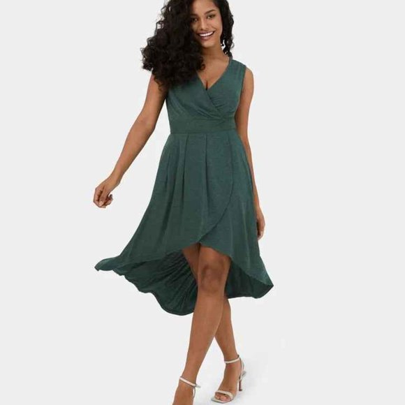 Halara Deep V Neck Sleeveless Plicated High Low Crossover Hem Flowy Midi Casual - Picture 1 of 3